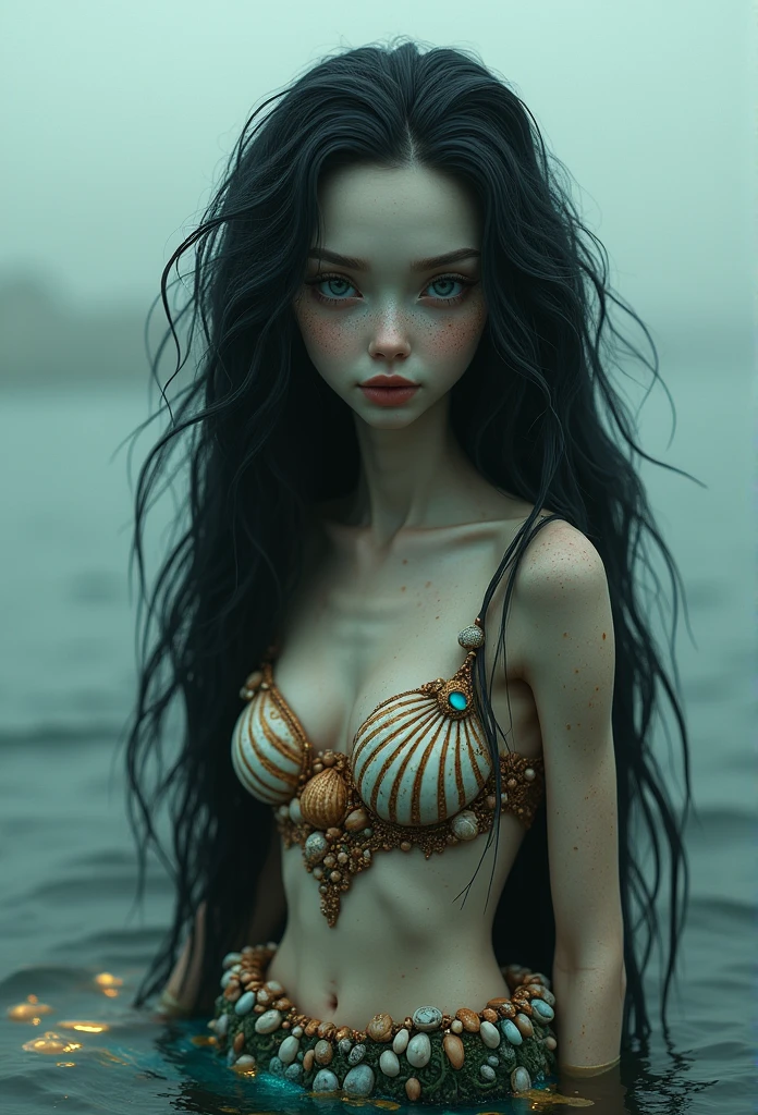 fantasy creature clothing made with marine floral nature that mimic shells, scales skin, algae details with different types of shells on body, (mermaid:1.1), top shell brassiere, waist length portrait, collar bones with skin turquoise scales, cover body with scales and shells, posing, very black hair, very long wavy hair, very thick hair, many freckles on the body, skinny body, (many freckles on the face), half body under the water on sea, seducing with a glace, dark around the eyes, gray eyes, half face in shadow, wet body, wet hair, pale skin color, mainly cloudy, fog, photorealistic eyes, detail face, detail backgrounds little blur, reflection from wet, not much light on models, light gold lights, correct shadows, HDR, Ultra 4K, photo realistic, professional photo, modelshoot.
