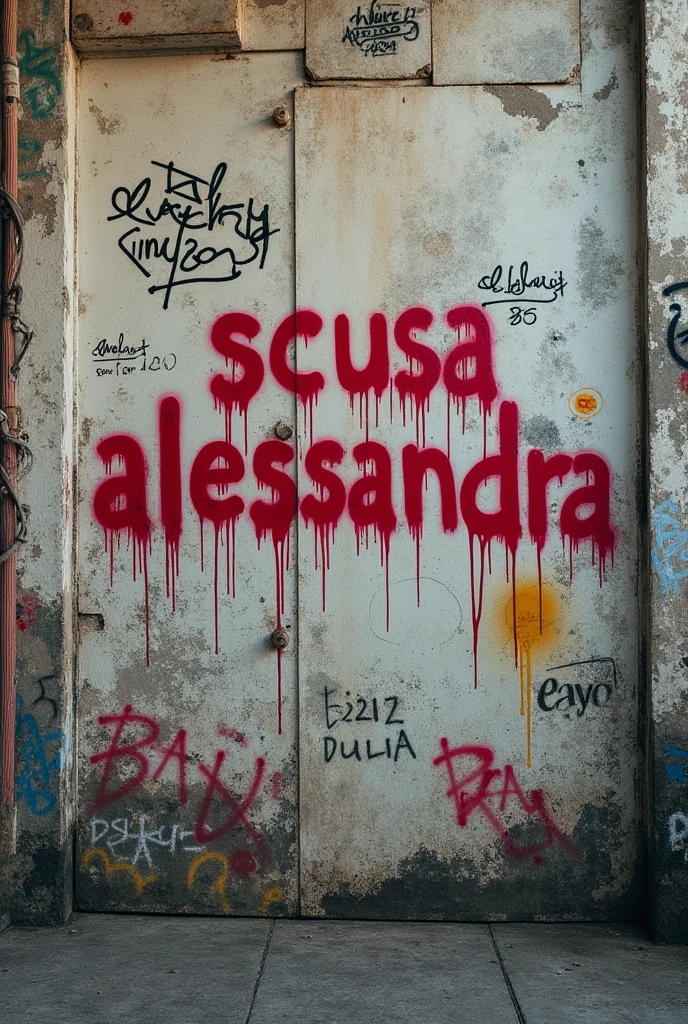 un muro con scritto con sopra scritto a vernice spray scusa Alessandra 