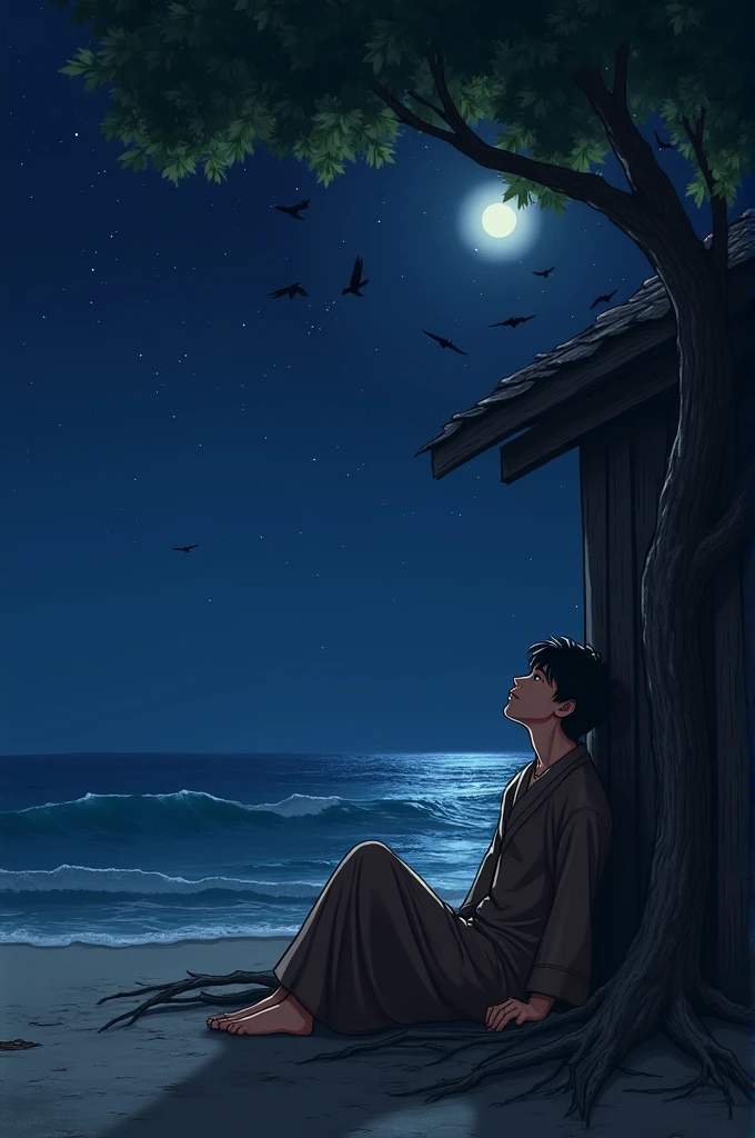 A cleric wearing a brown shirt but without a peci sits leaning against a tree near a wooden hut with dry branches, fallen leaves near the ocean, the night is bright looking at the moon and stars and flying butung birds.