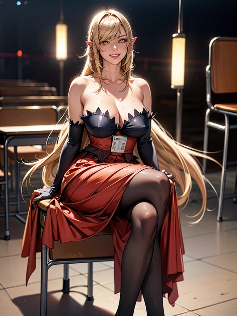 ((Master quality, 8K, masterpiece:1.3, ultra-detailed, high resolution, RAW Photos, detailed , blurry, Actual, ((hyper realistic)), photo, HDR)), BREAK, Anatomically perfect, perfect hands, perfect legs, perfect feet, detailed eyes, BREAK, , kissshotms, absolutely long blondehair, yellow eyes, Pointy Ears, tooth, One woman alone, BREAK, beautiful face, beautiful detailed eyes, (((sitting School Chair, , , , ))), , ( Round and Stacked , ), Cleavag, (((, evil grin ))), Sweat-soaked skin, BREAK, wearing( , red dress, pantyhose, longt, dress skirt, , Loincloth fundoshi, Wet:1.5, ), ((a katana, )), , Graffiti art, BREAK, ( Random Angle, full-body, ), dynamic angle, , background(Realistic , cinematic lighting, depth of field, outdoor, Abandoned Building, messy Tattered room, too many School Chairs, School desks, A flirty atmosphere, night, Red full moon, light particles)