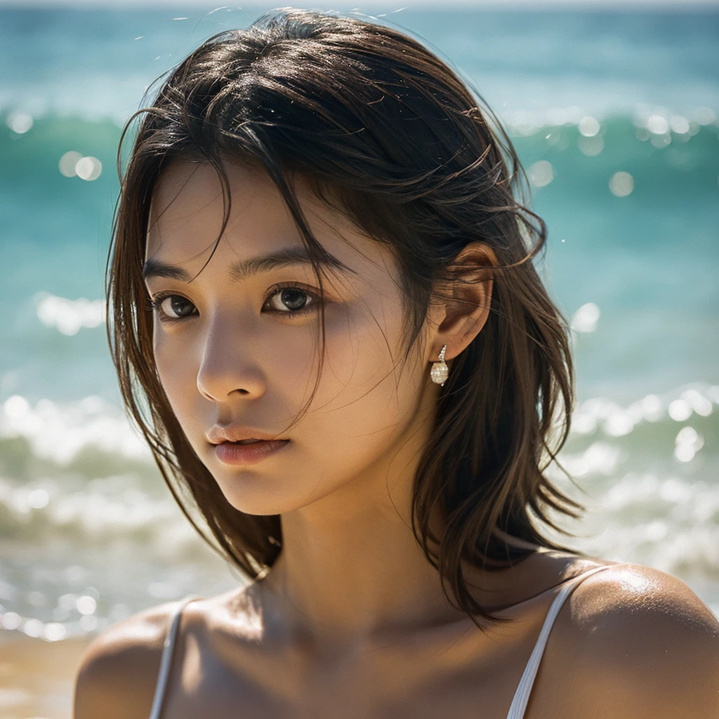 A hyper-realistic image of a single Japanese woman in her early 20s, captured with the nostalgic warmth and pronounced graininess of a film camera, showing her from the shoulders up as she stands on a sunlit beach. Her skin has a warm beige tone with a natural, visibly rough texture that includes pronounced pores, fine lines, and subtle imperfections such as small blemishes, slight unevenness, and a hint of sun exposure, contributing to the authenticity of her appearance. The texture of her skin is intentionally less smooth, with a tangible roughness that enhances the realism, making the surface appear slightly weathered by the elements. The soft, diffused natural light illuminates her face and shoulders with a gentle touch, casting shadows that subtly reveal the unevenness of her skin. Her straight, glossy black hair flows naturally in the ocean breeze, framing her face, and her deep brown eyes reflect the soft sunlight and the shimmering sea. The film camera effect amplifies the grain and texture, creating a warm, nostalgic atmosphere while maintaining the deliberately rougher, less polished texture of her skin. The composition, focused on her upper body, captures the serene elegance of the beach setting, highlighting the natural interaction of light and shadow on her skin. This combination of a rough, realistic skin texture, soft natural light, and the grainy film-like qualities ensures that the image presents an authentic, lifelike portrayal of the woman, centered on her face and shoulders.