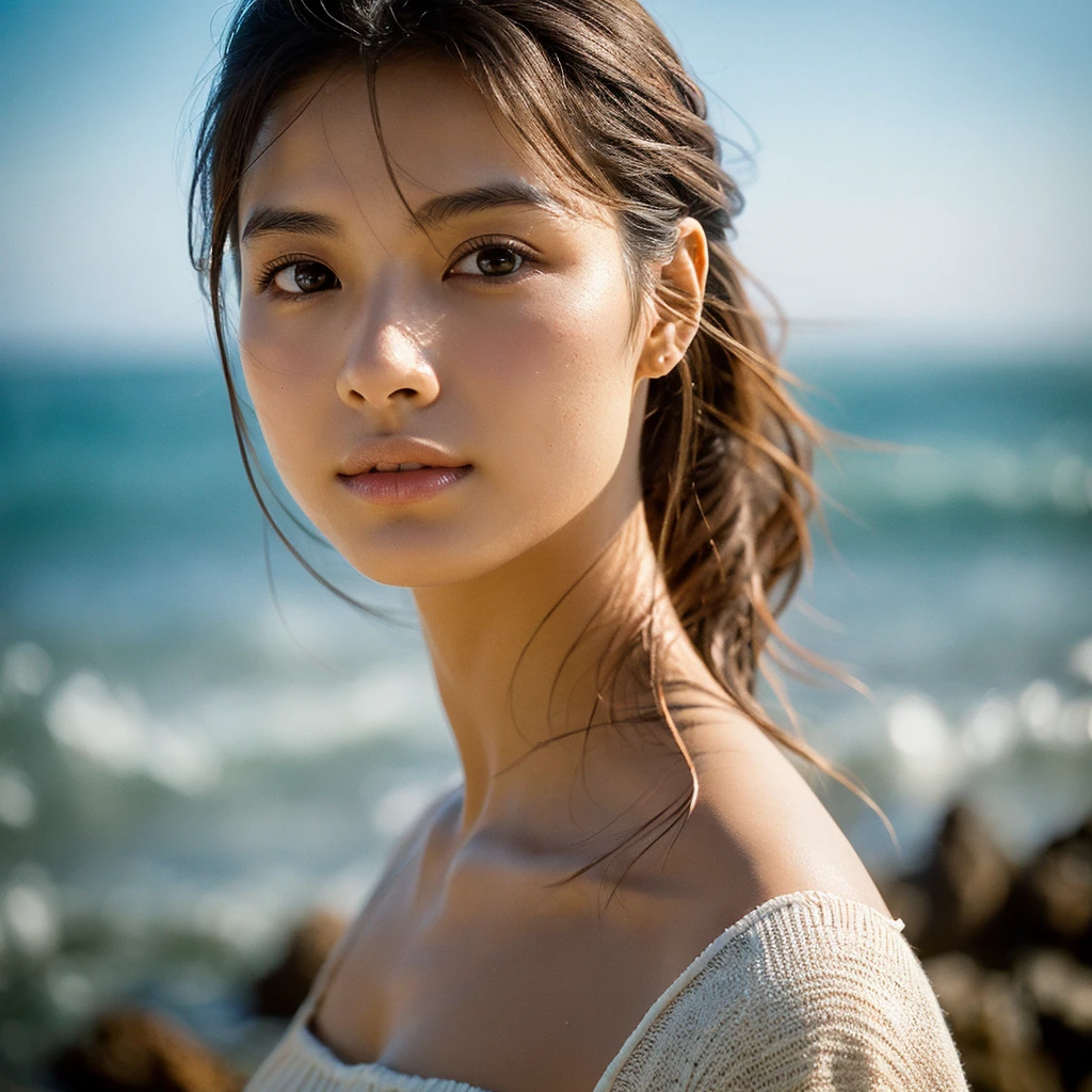 A hyper-realistic image of a single Japanese woman in her early 20s, captured with the nostalgic warmth and pronounced graininess of a film camera, showing her from the shoulders up as she stands on a sunlit beach. Her skin has a warm beige tone with a natural, visibly rough texture that includes pronounced pores, fine lines, and subtle imperfections such as small blemishes, slight unevenness, and a hint of sun exposure, contributing to the authenticity of her appearance. The texture of her skin is intentionally less smooth, with a tangible roughness that enhances the realism, making the surface appear slightly weathered by the elements. The soft, diffused natural light illuminates her face and shoulders with a gentle touch, casting shadows that subtly reveal the unevenness of her skin. Her straight, glossy black hair flows naturally in the ocean breeze, framing her face, and her deep brown eyes reflect the soft sunlight and the shimmering sea. The film camera effect amplifies the grain and texture, creating a warm, nostalgic atmosphere while maintaining the deliberately rougher, less polished texture of her skin. The composition, focused on her upper body, captures the serene elegance of the beach setting, highlighting the natural interaction of light and shadow on her skin. This combination of a rough, realistic skin texture, soft natural light, and the grainy film-like qualities ensures that the image presents an authentic, lifelike portrayal of the woman, centered on her face and shoulders.
