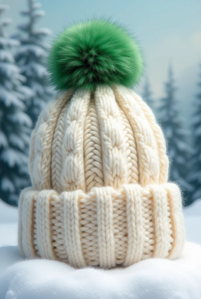 a white woolen hat with a green pom-pom