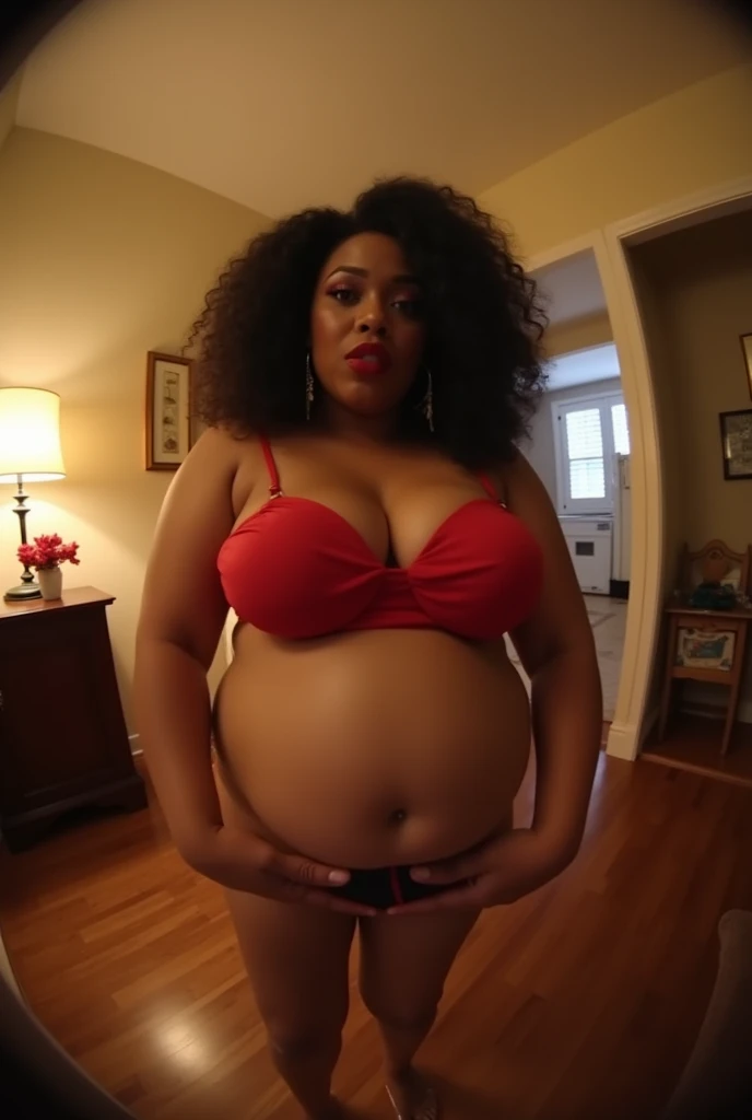 Your POV view of Cardi B's plus size pregnant stepmom with a big belly wanting to dance with you while twerking with her seductive body when you are home alone. HD, cinematic, photorealistic, fisheye camera view, iphone camera style
