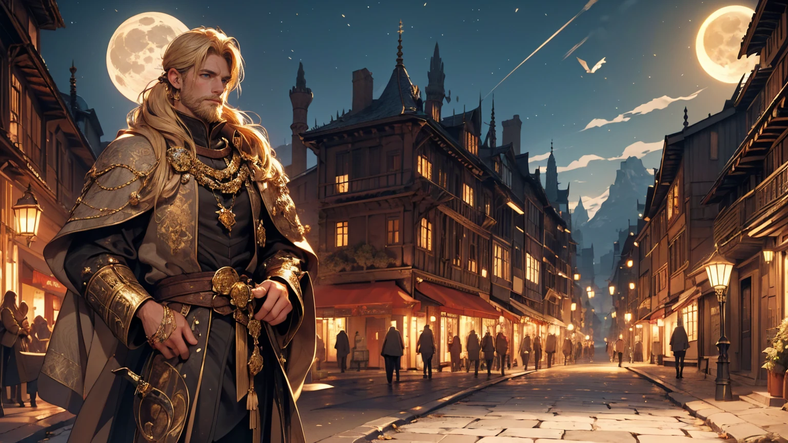 A handsome guy with blonde hair that is in a pony-tail wearing kingly golden clothes with beard, walking along a cobblestone road next to the city in a medieval fantasy theme. (best quality, 4k, highres, masterpiece:1.2), ultra-detailed, (realistic:1.37) Additional details: His golden clothes are adorned with intricate embroidery and metal buckles with a golden sword on his hip. The road is filled with a multitude of people, with birds flying overhead. The city's tall walls and palace can be seen in the distance, against a backdrop of desert mountains. (medieval, fantasy-themed:1.2) Color palette: Deep and rich neutral tones, with accents of gold and brown. (rich, gold colors) Lighting: Moonlight streaming down, casting long shadows on the white marble road. (moonlight, scary, dramatic shadows)