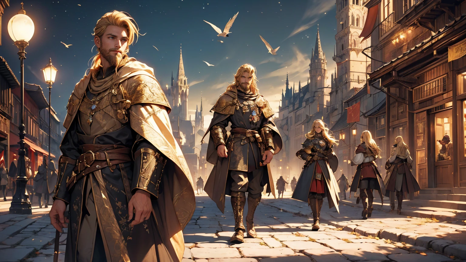 A handsome guy with blonde hair that is in a pony-tail wearing kingly golden clothes with beard, walking along a cobblestone road next to the city in a medieval fantasy theme. (best quality, 4k, highres, masterpiece:1.2), ultra-detailed, (realistic:1.37) Additional details: His golden clothes are adorned with intricate embroidery and metal buckles with a golden sword on his hip. The road is filled with a multitude of people, with birds flying overhead. The city's tall walls and palace can be seen in the distance, against a backdrop of desert mountains. (medieval, fantasy-themed:1.2) Color palette: Deep and rich neutral tones, with accents of gold and brown. (rich, gold colors) Lighting: Moonlight streaming down, casting long shadows on the white marble road. (moonlight, scary, dramatic shadows)