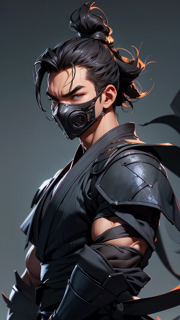 envision a 8k, highres, semi realistic cinematic full body concept art design sheet of a fierce strong faced ninja man with a slender muscular body, clean shaved, sleek black hair, and black eyes, ninja robes, ninja armor, mortal kombat ninja mask, half face mask, against a dark gray background