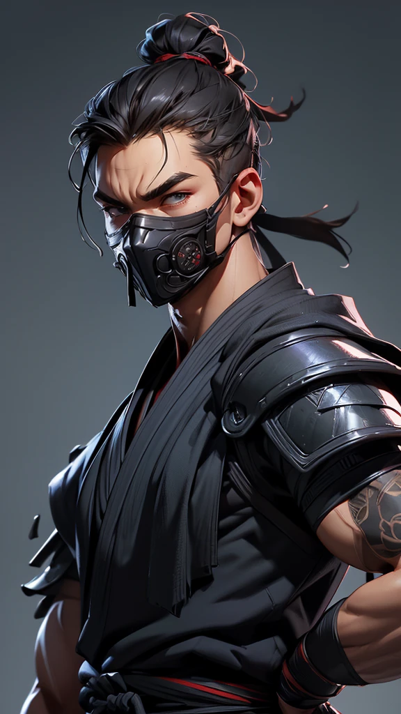 envision a 8k, highres, semi realistic cinematic full body concept art design sheet of a fierce strong faced ninja man with a slender muscular body, clean shaved, sleek black hair, and black eyes, ninja robes, ninja armor, mortal kombat ninja mask, half face mask, against a dark gray background