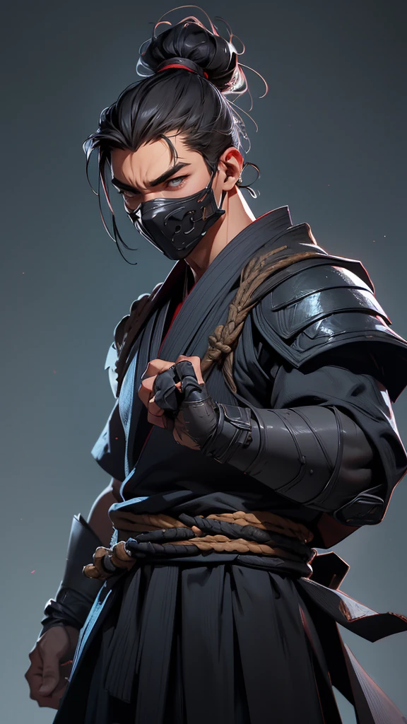 envision a 8k, highres, semi realistic cinematic full body concept art design sheet of a fierce strong faced ninja man with a slender muscular body, clean shaved, sleek black hair, and black eyes, ninja robes, ninja armor, mortal kombat ninja mask, half face mask, against a dark gray background