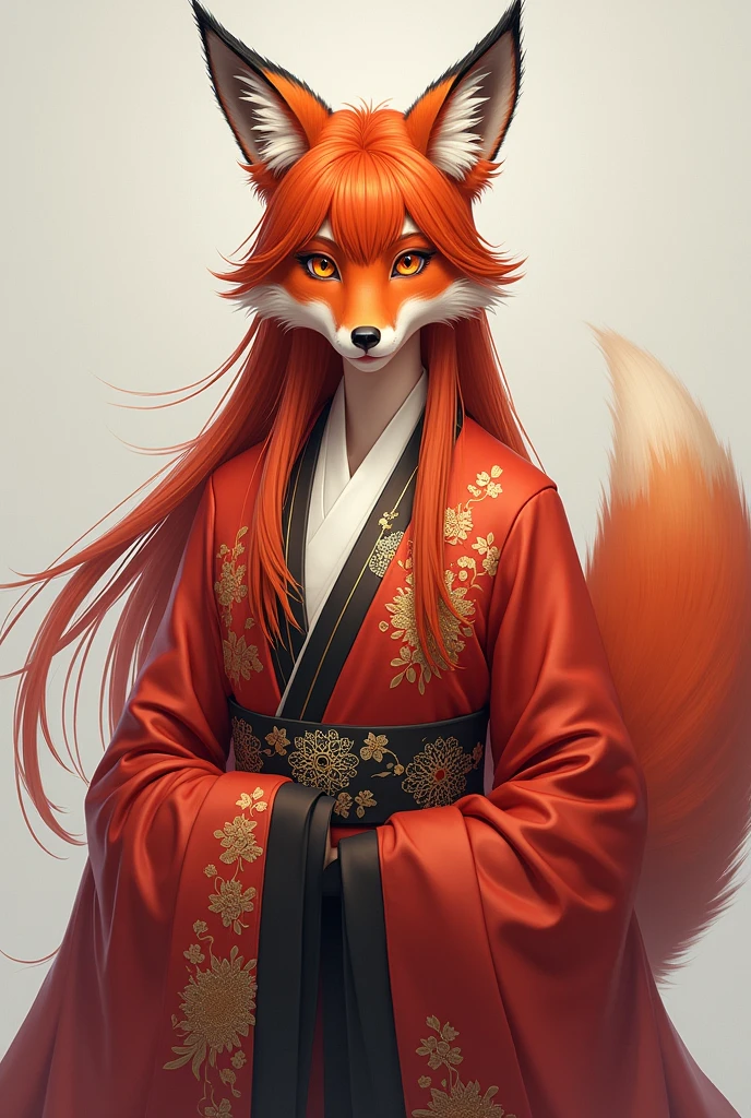 crossdressing,Tsurime,orange eyes,red fox_ears,Rabo de red fox,rot_body hair,Low-tied long body hair,Hanfu,1
