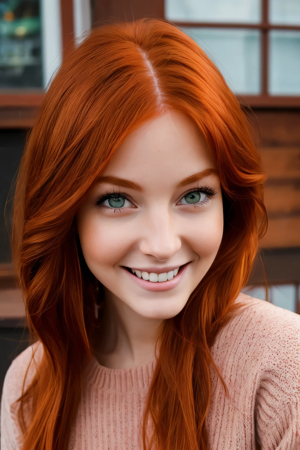 hay una mujer slim con cabello rojo y ojos verdes en UNA CAFETERÍA EN LA NIEVE, WITH A RED SWEATER, ,look down,redhead girl, big bubis, slim, large neckline red hair, a young redhead, redhead woman, beautiful redhead woman, redhead, high quality, gorgeous, beautiful model, redhead young woman, medias slims, 8K raw photo, Hyper realistic, smile, , very young