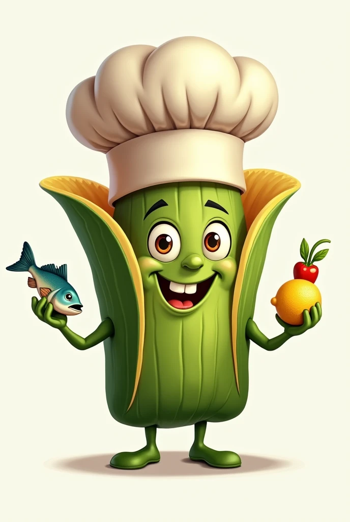 I need a photo of a rectangular tamale that has a chef's hat on it, with hands and legs and face, I need the face to be smiling, so that the teeth can be seen, that he looks happy and convinced that he is a good chef,both eyes open and, It has to be commercial, that he has a small fish in his hand and in the other a lemon and a chili pepper, Please note that the tamales are green in color, to make a logo for my store