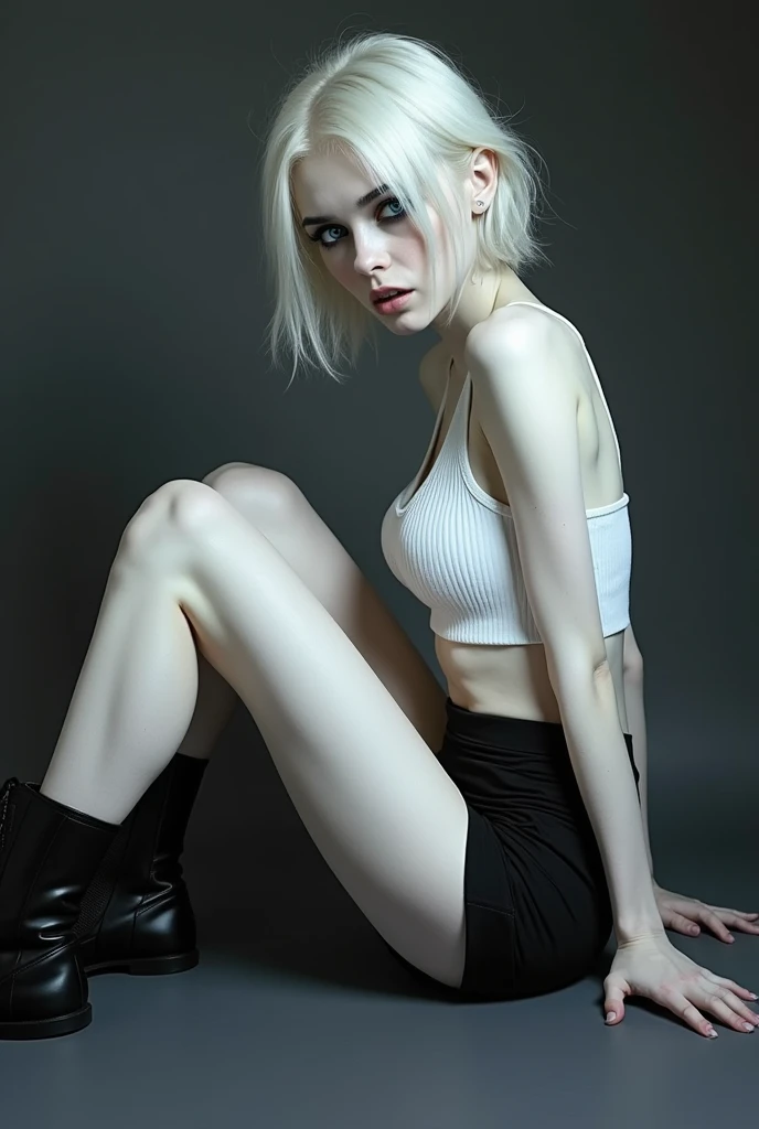 A (((full-body))) picture of an ethereally beautiful 1 girl. She has Caucasian features and ((very pale white skin)). Her eyes are a striking blue, and she is wearing ((heavy black eye makeup)). She has a very slim body with long thin legs and large round breasts. She is wearing a tight white crop top, a very short black miniskirt, and black boots. She is sitting in a provocative pose that shows off her legs, and her (((whole body from head to toe))) is shown in the photo.
