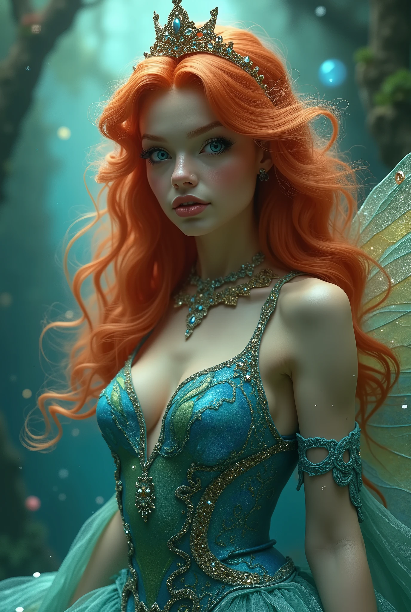 Real fairy magical like in a 1980s dark fantasy movie 3d ultra 8k Bloom from *Winx Club* is a character with bright, fiery red hair that flows in loose waves. She has blue eyes and a fair complexion. Her outfit typically includes a blue and green fairy dress with sparkling accents and butterfly or star motifs. She often wears matching accessories like a headband and shoes. Bloom’s overall look is vibrant and magical, with a little gold crown in her head reflecting her powers as the Fairy of the Dragon Flame Surrealist art , like a dream, Mystery, Symbolic, complicated, detailded, (Gothic,Very beauthful:1.4), (work of art, best qualityer:1.4) , Style Nicolas Samori, Mermaid Goddess Costume, (rock n roll atmosphere under the sea), (hair blue), beautiful