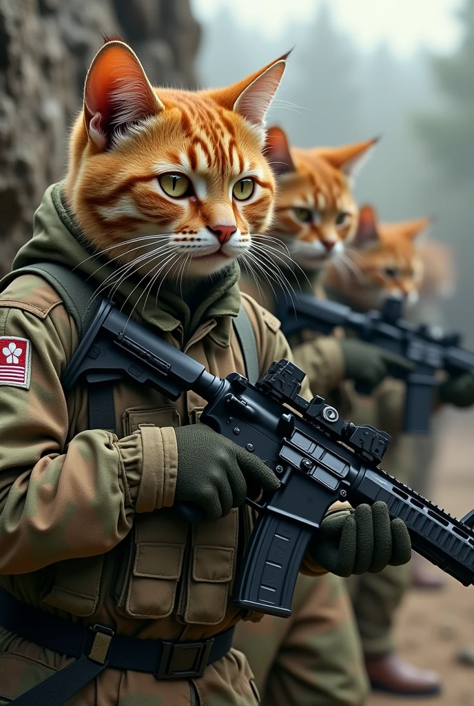 High resolution image of a group of cats wearing military uniforms and holding an M4 rifle. .