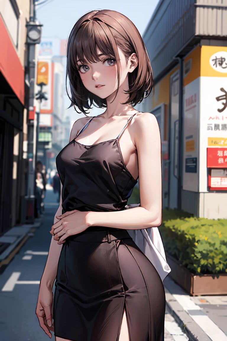 (1womanl,standing alone),On a date、cowboy shot,Adult beauties,20 years old、Japanese,face perfect, beautiful and symmetrical face:1.4、beautiful face:1.2、gorgeous eyes:1.2、dark brown hair,short-cut hair,eyes browns,shy look、View Public,a smirk、(Smaller head:1.4、Ideal Body Proportions Ratio:1.5)、skinny,slenderbody,(medium breasts:1.3),white camisole、just shoulder、purple miniskirt、pleatedskirt、busy street、Tokyo