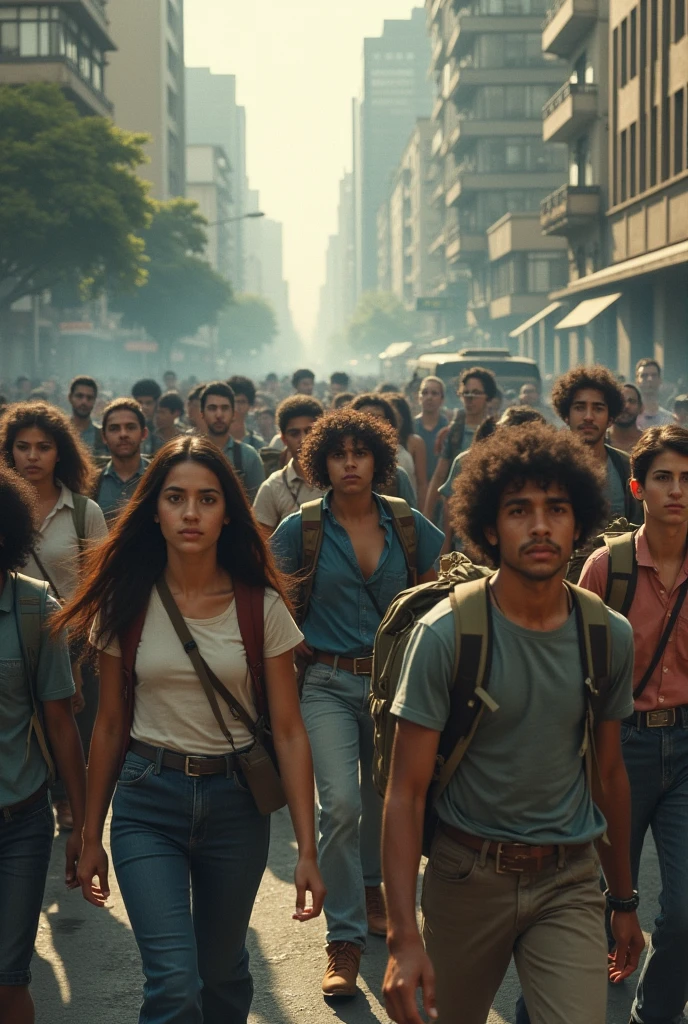 Create images of the 1968 dictatorial student movement in Brazil and put backpacks on students, make the scenario based on a military dictatorship