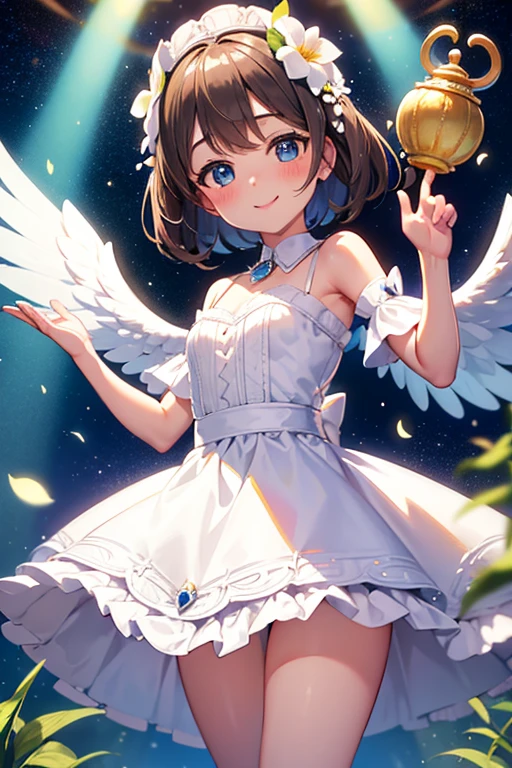 Chiquita, cute, white wings, smiling happily, short brown hair, one with blue eyes, one with green eyes, dresses of different colors, flower hair ornament, trunk, gazing at viewer, space, Meteor, Lumiere, blush