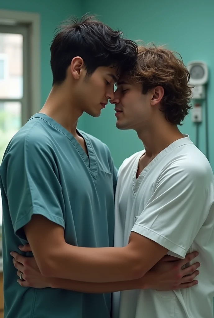 Two young adult men hugging like a couple with hospital background, one in doctor&#39;s clothes, dark shaped eyes, Caucasian skin, wavy black hair, the other with simple clothes, brownhair, light eyes and tanned skin and humble appearance, the image has to be realistic.  That you can see their faces 
