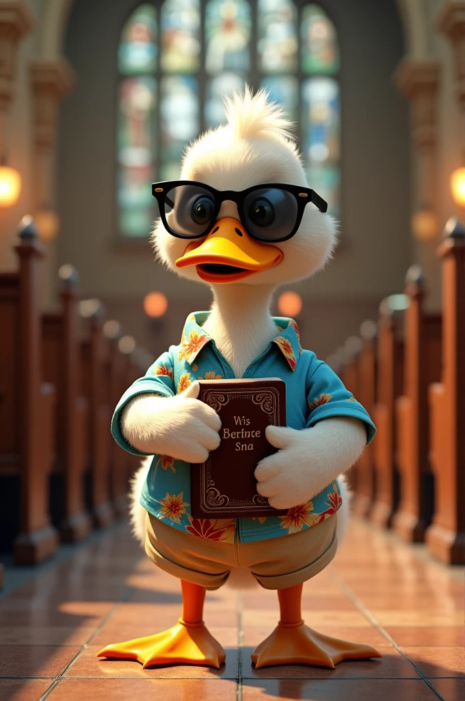 DUCK IN CHURCH WITH BEACHWEAR AND SUNGLASSES WITH BIBLE