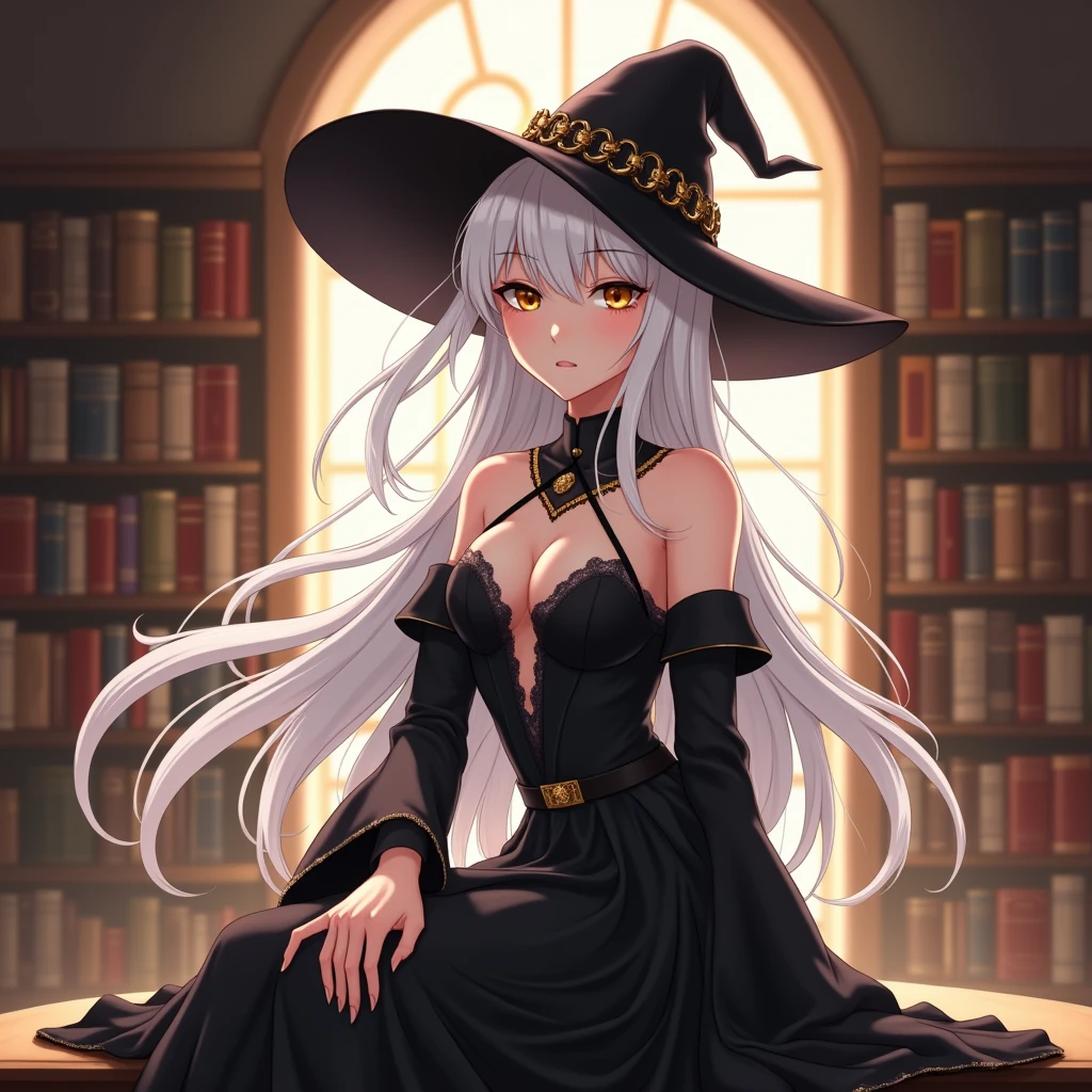 (8K, Best quality at best, tmasterpiece:1.2),\(Eyes detailed\),\(facial feature\),(\(Clothes detail details\)\),Full body lesbian,(surface focus) ,Very detailed CG unified 8k wallpaper,hugefilesize,ultra - detailed,A high resolution,Huang Li,beautidful eyes,ray traycing,Dramatic shadows,Detailed pubic hair,dramatic angles,hyper-detailing,(1 girl:1.3),(Alone),Mature woman,Long curly beige hair,Huge cleavage,This is the Necromancer,(Wearing black magician robe),Witch hat,Thin and tall.inside a room,wall made of bricks,Grey cement floor,(Books were piled on the floor,form a small tower)