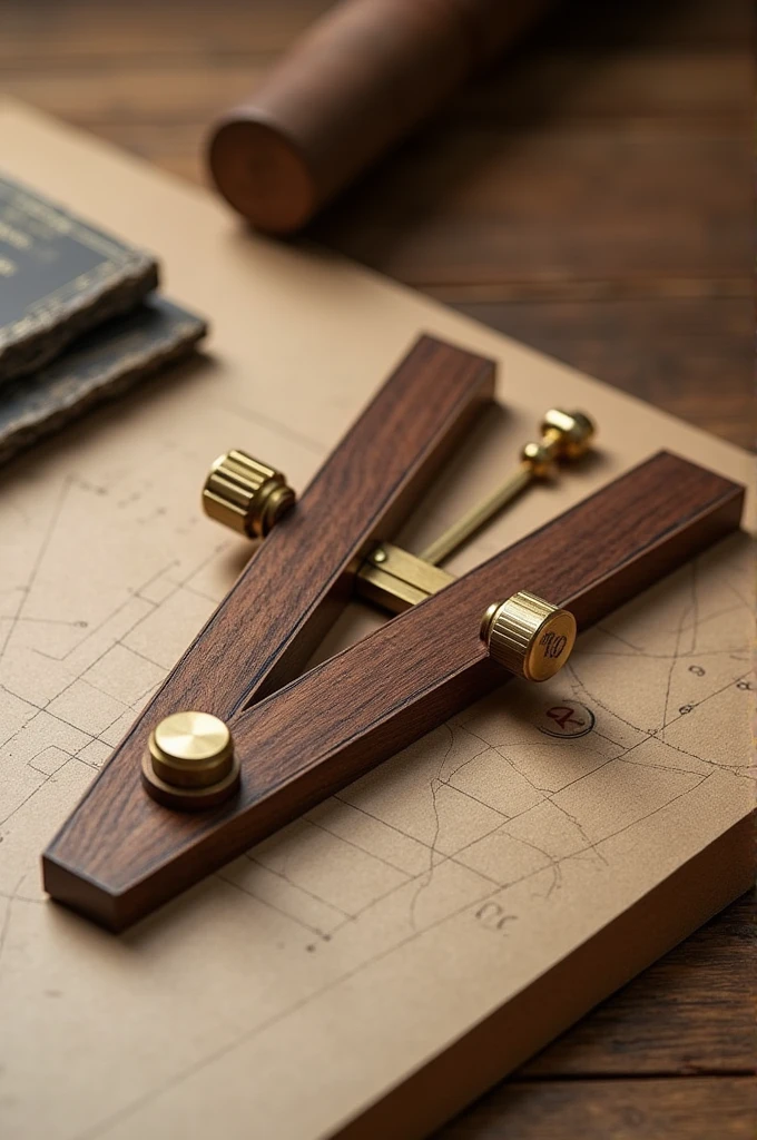 The Adjustable Square Ruler"
Function: This device is designed to help craftsmen and architects draw accurate angles and adjust measurements with ease during construction plans and structures..
RAW MATERIAL: The ruler is made of walnut wood, known for its durability. Edges are reinforced with bronze strips for added precision and durability. The adjustment points are made of brass.
Power Source: It is a completely manual instrument, operated by simple adjustment mechanisms.
Operation: The Adjustable Square Ruler tiene bisagras que permiten cambiar el ángulo entre los brazos de la escuadra. A small brass dial adjusts and sets the desired angle. This allows users to mark and measure angles accurately., which is essential in the elaboration of architectural designs and in carpentry.
As if it had been designed by Leonardo da Vinci