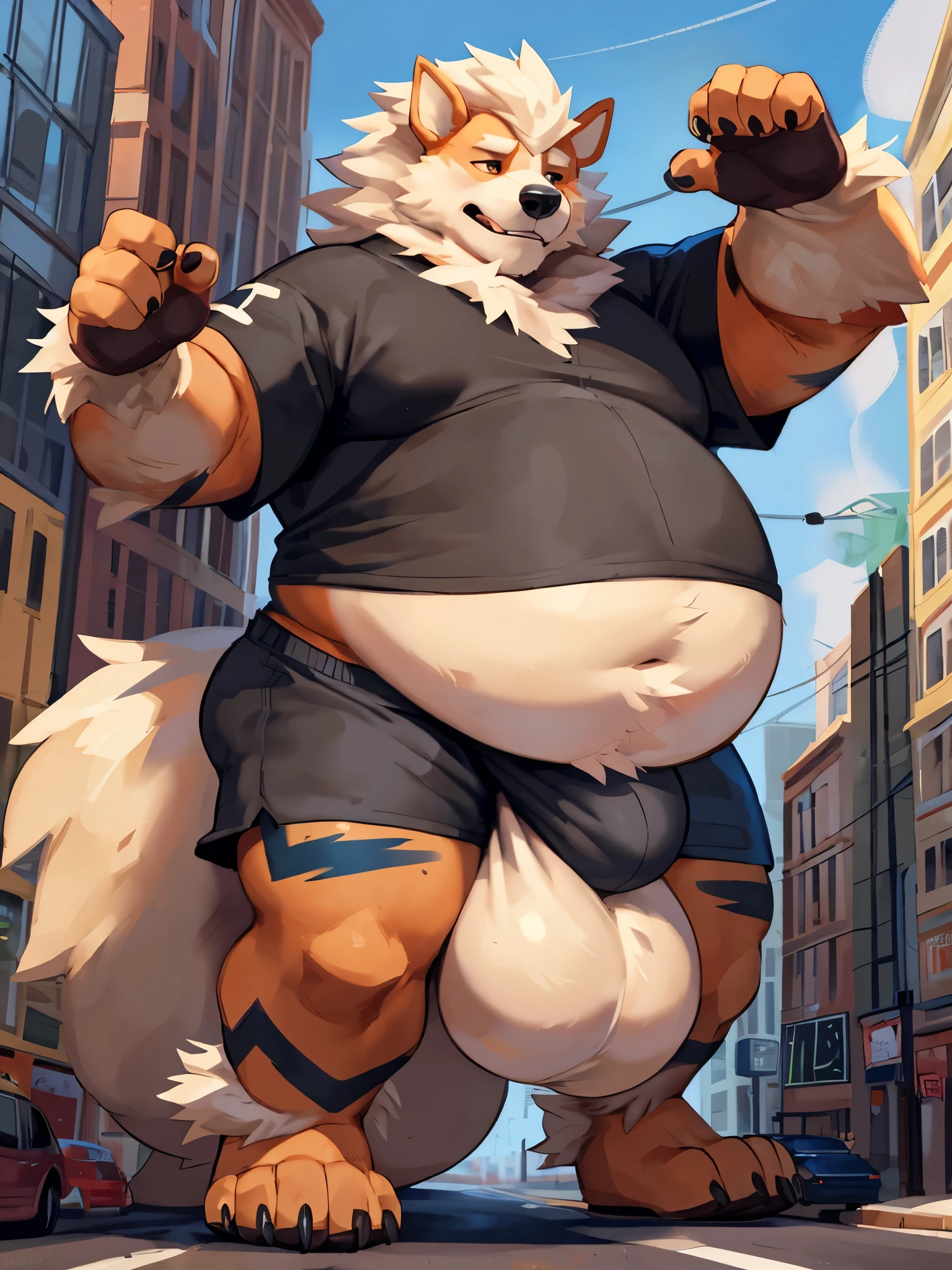 4k ultra quality, 4k half body view,ultra high detailed body,feral (arcanine),wide body,charming body,chubby body,chubby face,shiny fur, big belly, (round belly), hyper belly, enormous belly, enormous body,by mystikfox61, by glitter trap boy, by bebebebebe,by morethreedee, by seibear,(thick thigh),(chubby thigh),thicc thigh,thick legs,chubby legs,thicc legs,enomorous thigh,massive thigh,massive legs,(detailed thigh),(wide thigh),thick butt,sharp nails,(detailed face),bloated belly,enomorous thigh,detailed paws,thick paws,chubby paws,(loose shirt),feral legs,(loose shorts),tight bulge,tired,fat,(macro)
,ultra bigger penis,thick penis,long penis,(detailed bulge),standing on street,leaning by building,((hyper penis, hyper balls, huge penis, huge balls, huge chode)),(embarrassed face),back view