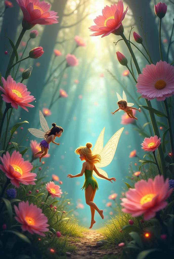 Tinkerbell playing with her friends in the enchanted flowers