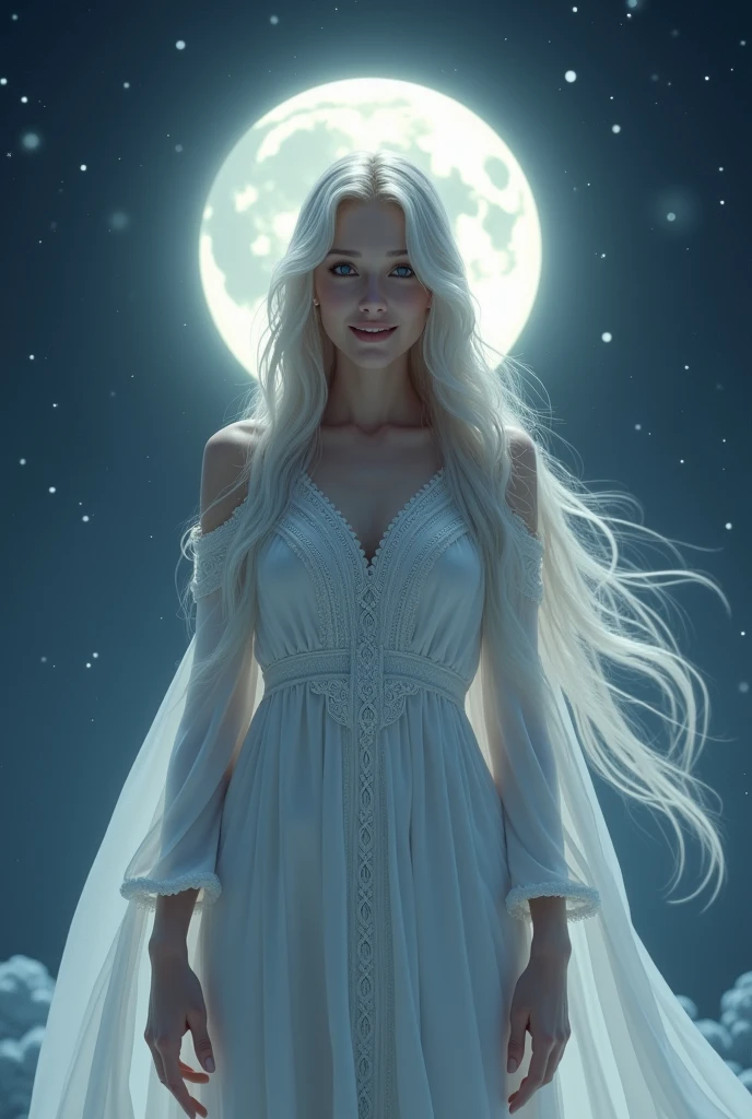 Moon Goddess The background is a fantastic starless night Face is clearly visible from the front Celtic white clothing smile