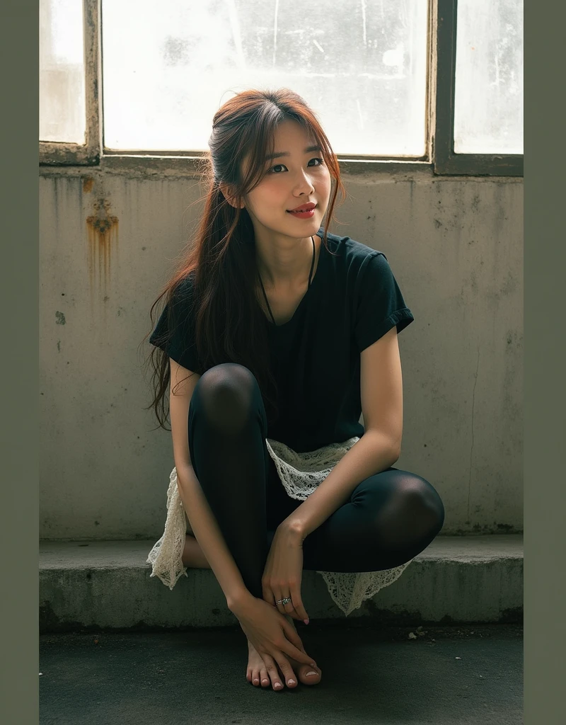 (Highest quality:1.4),(masterpiece:1.4),(Realistic:1.4),(Realistic:1.2),(超High resolution, RAW Photos:1.4),(High resolution, Very detailed:1.2),(8k:1.2),photograph,(Shot from behind:1.3)、Korean women、brown hair photos,One Woman,alone,(In underwear),Very large breasts,((Thigh to head shot:1.3))、(((topless、Large breasts are visible from the side)))、((Toothy smile))、((Very large breasts:1.4))、Realistic skin textures、Slightly freckled、Slender figure、Realistic skin textures、((background,Concrete wall:1.3)),(topless,The breast is visible from the side:1.6),(Long lace slip,White)、3 woman、The angle at which the nipple is not visible、((Updo long hairstyle))、((Black,Long lace slip:1.4))、Correct toes、Detailed facial features、Long slip covers the buttocks and soles of the feet、Long slip covers your butt、Focus on the buttocks