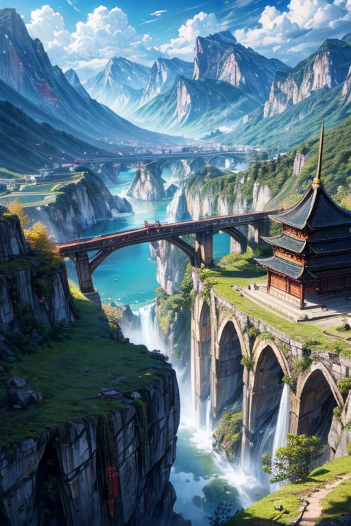 Ancient Chinese scenery, mountains, rivers, auspicious clouds, sunshine, masterpieces, super detail, epic composition, ultra HD, high quality, extremely detailed, official art, unified 8k wallpaper, Super detail, 32k -- v 6