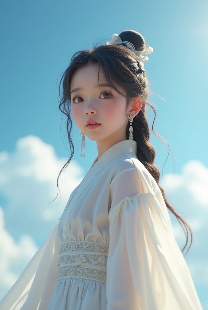 {high quality}, Octane Rendering, Ultra HD, Depth of Field, epic, Movie, ancient China,1 girl aged ten, Cute face, Blue sky and white clouds,Transparent white clothing,A ten year old with plump breasts that does not match her age