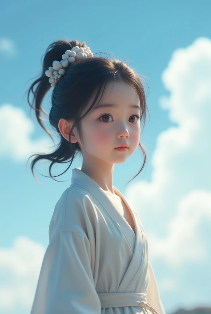 {high quality}, Octane Rendering, Ultra HD, Depth of Field, epic, Movie, ancient China,1 girl aged ten, Cute face, Blue sky and white clouds,Transparent white clothing,A ten year old with plump breasts that does not match her age