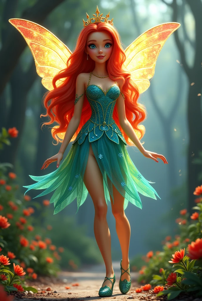 Real fairy magical like in a 1980s dark fantasy movie 3d ultra 8k Bloom from *Winx Club* is a character with bright, fiery red hair that flows in loose waves. She has blue eyes and a fair complexion. Her outfit typically includes a blue and green fairy dress with sparkling accents and butterfly or star motifs. She often wears matching accessories like a headband and shoes. Bloom’s overall look is vibrant and magical, with a little gold crown in her head reflecting her powers as the Fairy of the Dragon Flame