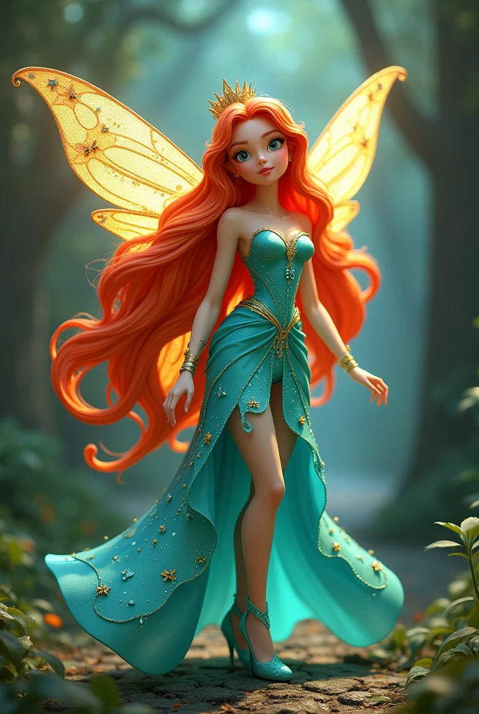Real fairy magical like in a 1980s dark fantasy movie 3d ultra 8k Bloom from Winx Club is a character with bright, fiery red hair that flows in loose waves. She has blue eyes and a fair complexion. Her outfit typically includes a blue and green fairy dress with sparkling accents and erfly or star motifs. She often wears matching accessories like a headband and shoes. Bloom’s overall look is vibrant and magical, with a little gold crown in her head reflecting her powers as the Fairy of the Dragon Flame