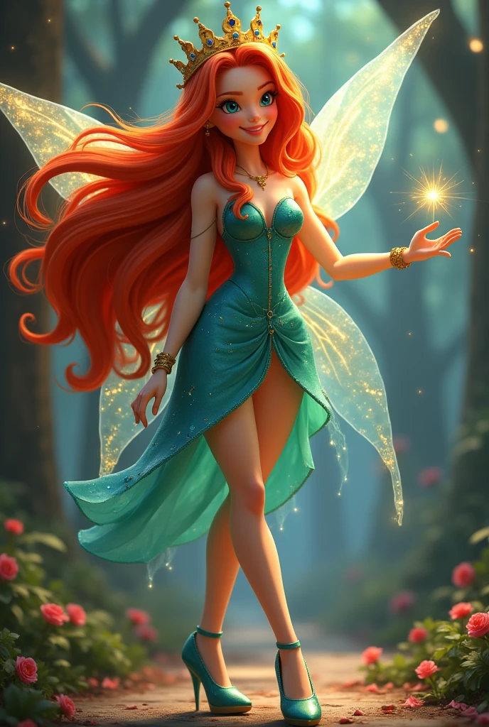 Real fairy magical like in a 1980s dark fantasy movie 3d ultra 8k Bloom from *Winx Club* is a character with bright, fiery red hair that flows in loose waves. She has blue eyes and a fair complexion. Her outfit typically includes a blue and green fairy dress with sparkling accents and butterfly or star motifs. She often wears matching accessories like a headband and shoes. Bloom’s overall look is vibrant and magical, with a little gold crown in her head reflecting her powers as the Fairy of the Dragon Flame