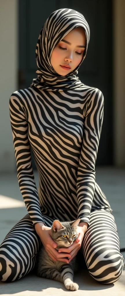 The most beautiful,thin,most pretty and clever Malaysian muslimah adult girl wears zebra lycra turtleneck unitard catsuit covered with stripes.She always wear zebra print lycra dancewear stretchy hijab covered with many stripes.She takes care a cat