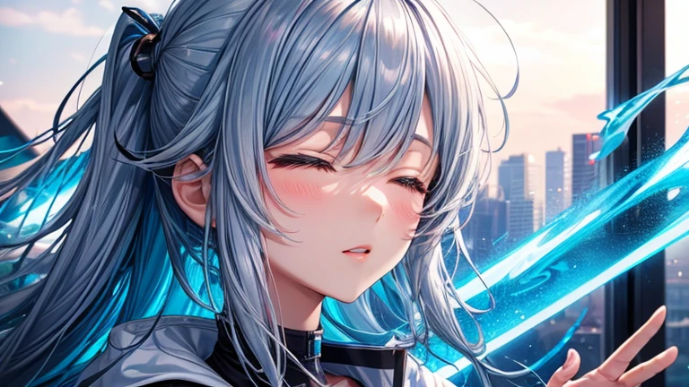 1 girl, alone, College girl style,Akane,Blue and silver hair, I close my eyes because I'm blind,White shirt, sweater, ((Anime Style))、((2D))、(((ponytail)))、A room in a foreign Western-style building,Sitting in physical education,Full body portrait,
