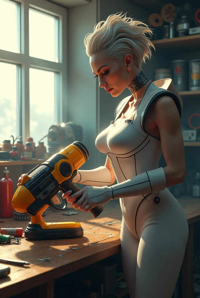 jawline, hypdertailed, regatta, clothes around the waist, cleaning a portal gun on a workbench, morning sunlight shining through the window (zrpg style) (work of art:1.2) (illustration:1.2) (best qualityer:1.2) (detailded) (intrikate) (8k) (HDR) (cinematic lighting) (sharp focus)