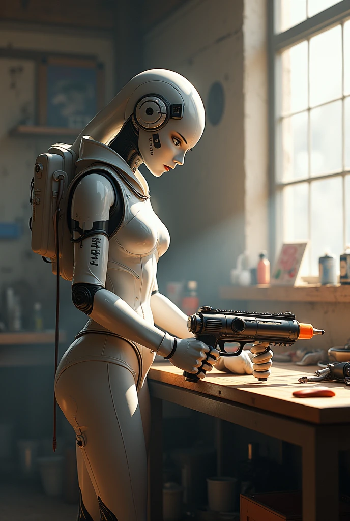 jawline, hypdertailed, regatta, clothes around the waist, cleaning a portal gun on a workbench, morning sunlight shining through the window (zrpg style) (work of art:1.2) (illustration:1.2) (best qualityer:1.2) (detailded) (intrikate) (8k) (HDR) (cinematic lighting) (sharp focus)
