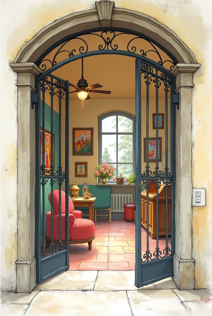 I need to make a sketch of the entrance with bars to a place where there is furniture for children