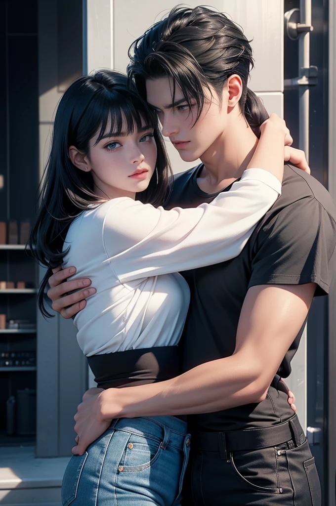 A tall handsome young man with black hair, with long black hair gathered in a tight ponytail, short bangs, blue eyes, he is wearing a white T-shirt and white jeans, he hugs an incredibly beautiful tall blonde femme fatale young blonde woman with a very short haircut standing next to him, she has dark blue eyes, She is wearing a simple black dress. Masterpiece, perfect image, realistic pictures, detailed face study, full-length image, 8k, detailed image. an extremely detailed illustration, a real masterpiece of the highest quality, with careful drawing.