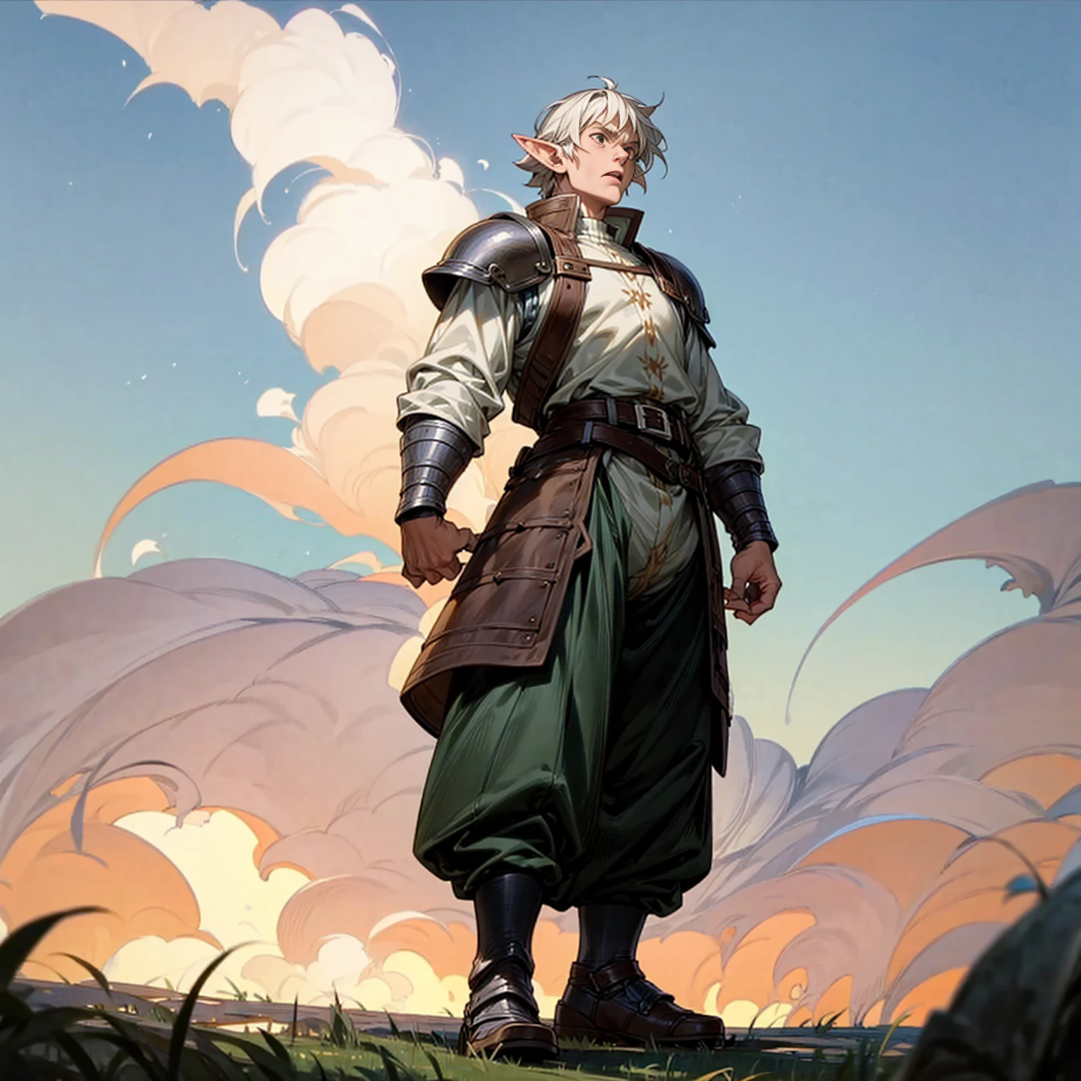 Solo character, full body version, old man, big man, muscle, (elf), brown eyes, white color hair, short Curly hair, white shirt, green long pants, shoes, belt, outdoor, field, Greenland, evening, medieval, standing gesture, detailed background, detailed clothing, detailed hair, (Makoto shinkai style art), thin beard, open mouth, angry, armor, smoke effect, fire effect 