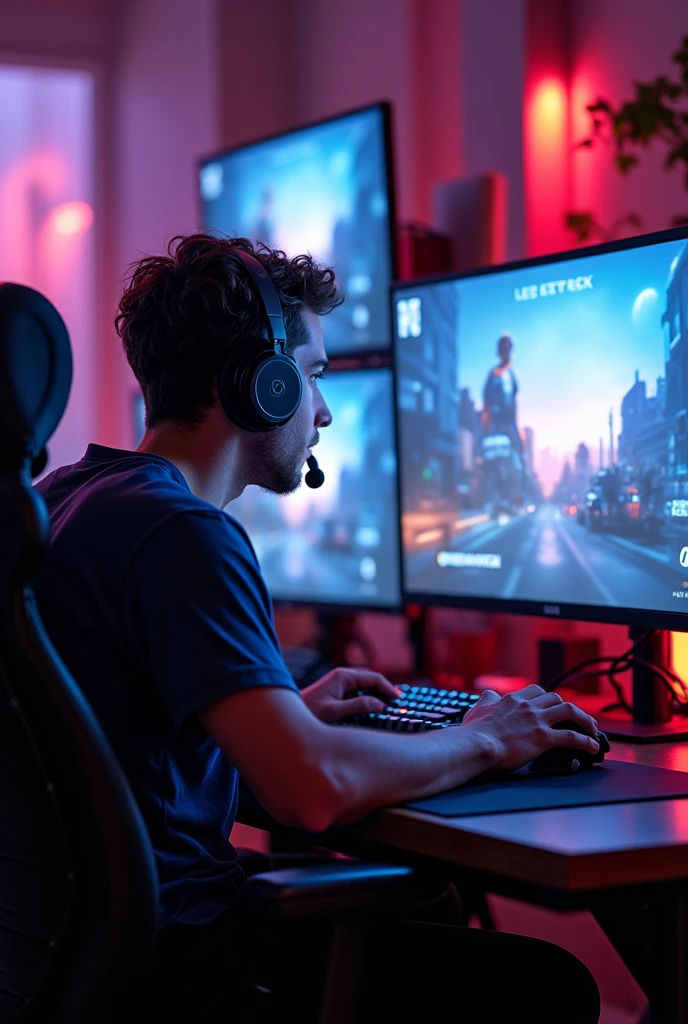 create an image of a streamer playing overwatch but horizontally so that the whole setup can be seen and that the streamer can be seen from behind, not from the side, please, and that it can be seen horizontally