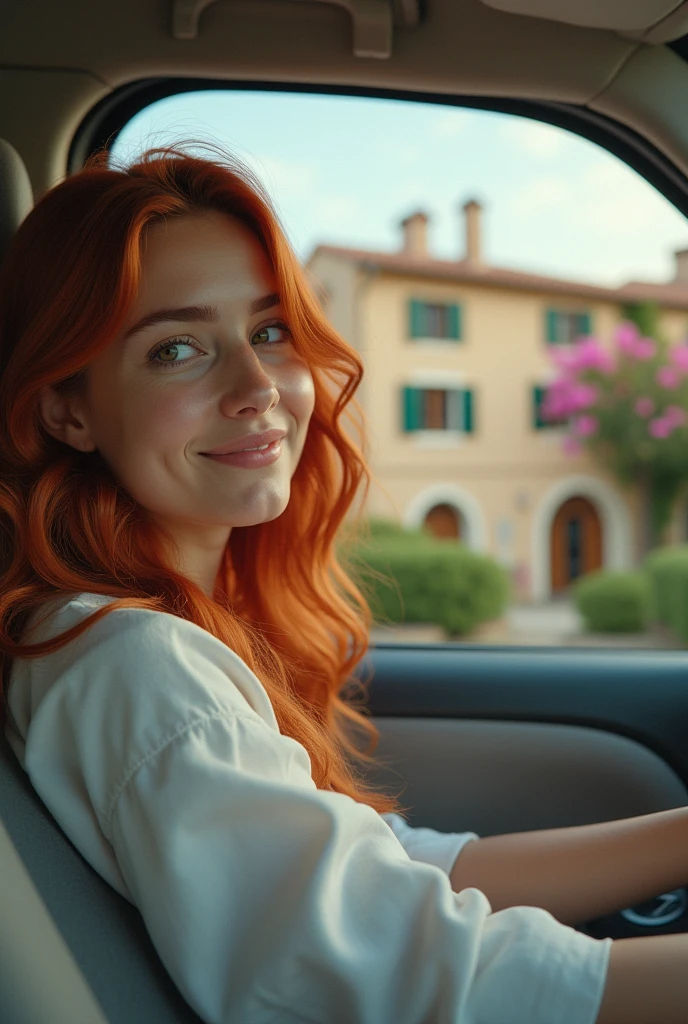 A 2 red-haired woman, close-up, arriving in the village of PROVENCE, at the wheel of her electric Citroën AMI. Side view of the car. She smiles. Typical houses, flowerbeds and bougainvilleas. Style by David Hamilton.