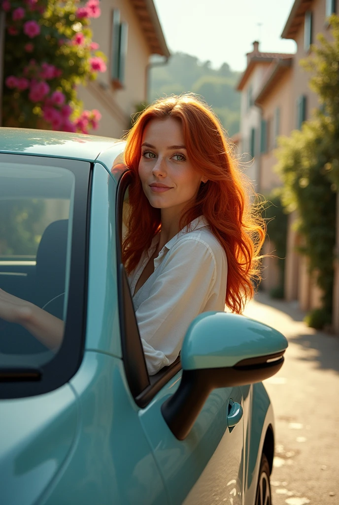 A 2 red-haired woman, close-up, arriving in the village of PROVENCE, at the wheel of her electric Citroën AMI. Side view of the car. She smiles. Typical houses, flowerbeds and bougainvilleas. Style by David Hamilton.