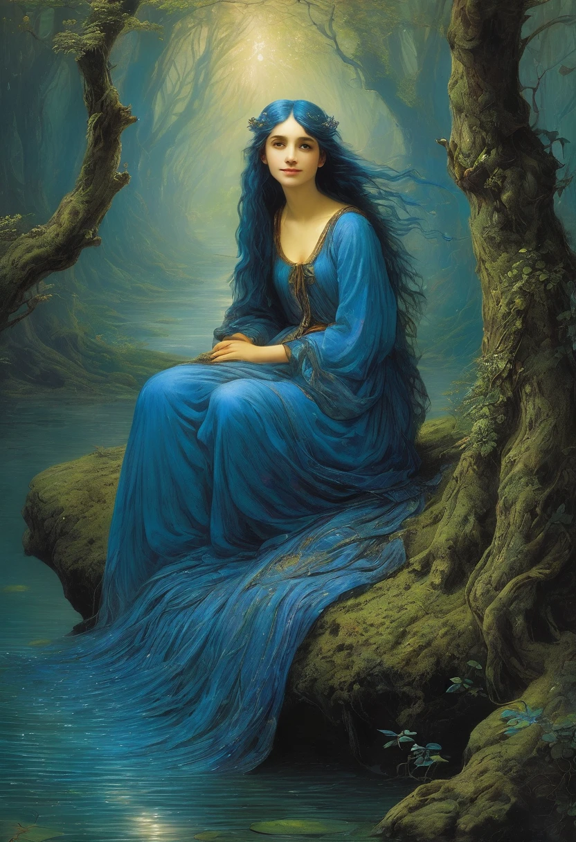 Kizi, adolescent, floats in a forest, flowing blue hair, roupa como se tivesse saído de um fairy tale, wide and sincere smile, face radiant with joy. Gustave Dore inspiration, fairy tale.