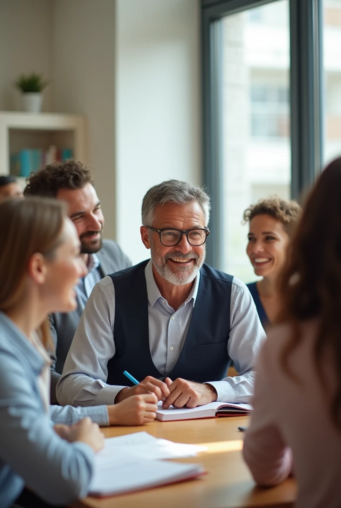 English teacher surrounded by happy adult students at a table.