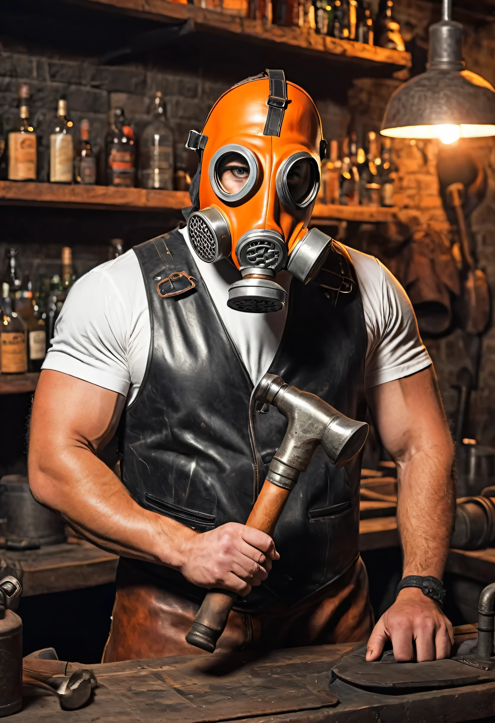 create a character with a gas mask (orange gas mask) covering his face, and a bartender's outfit (leather vest) on the rest of his body, holding a hammer (blacksmith style), with an anvil in the background