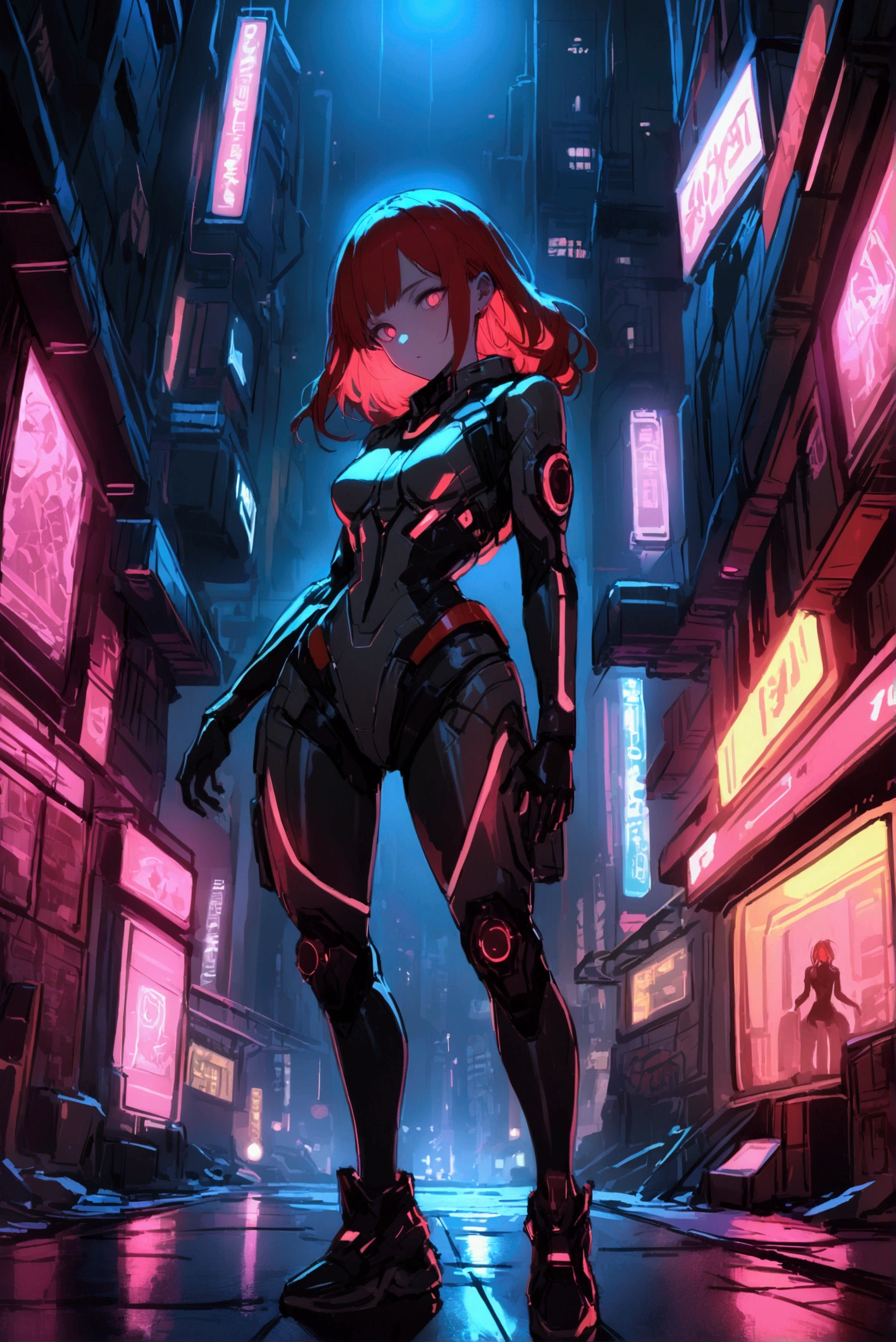 a woman with long red hair, futuristic cyberpunk outfit, (dimly lit urban environment:1.3), (detailed face:1.2), high detail, sharp, 8k, bokeh, sketch, dark atmosphere, neon lights, moody lighting, dystopian cityscape, intricate details, dynamic pose, futuristic technology, gritty urban setting